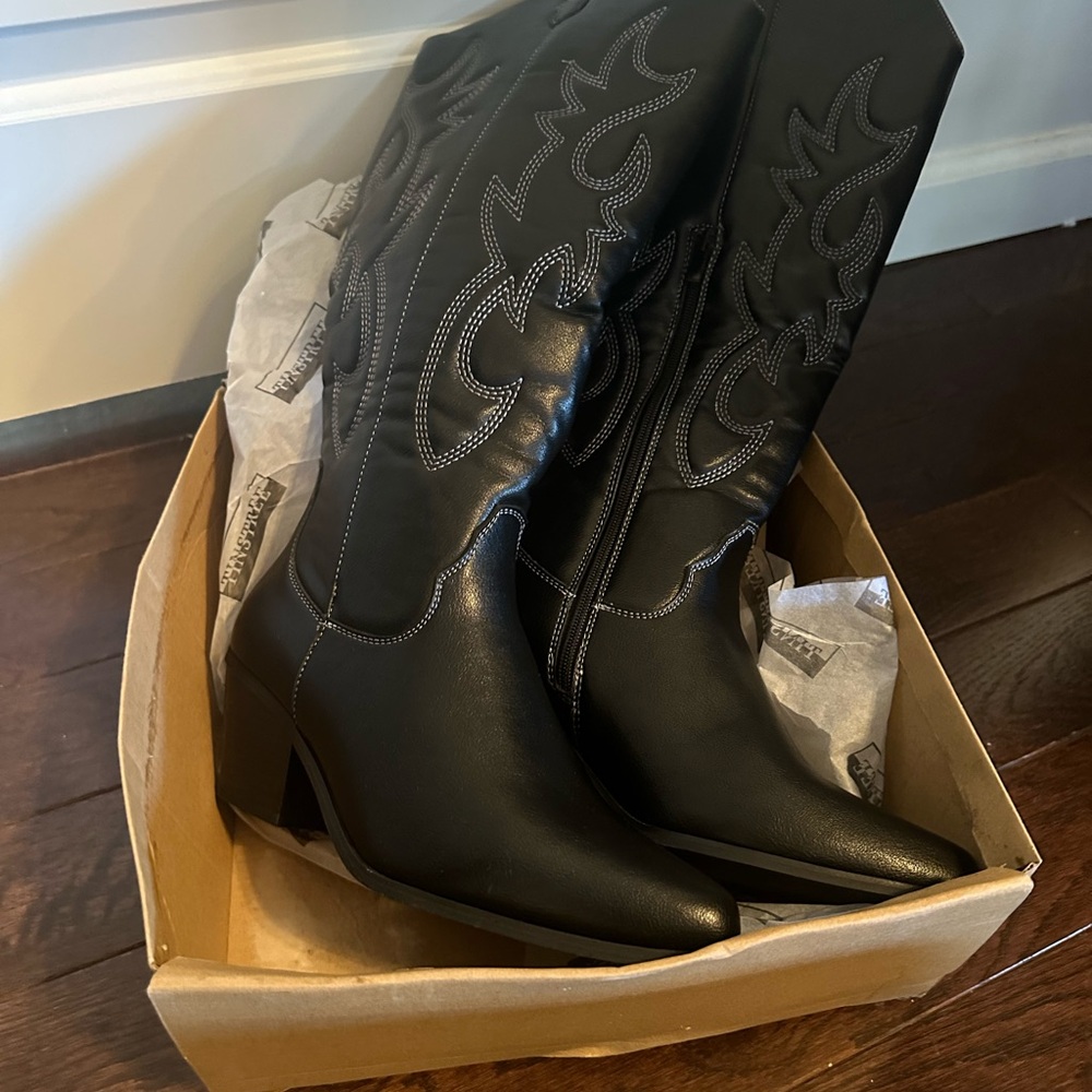 Women's Black Western-Inspired Knee Boot with Block Heel